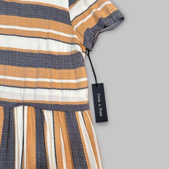 Doe & Rae Mustard Yellow, White & Gray Striped Short Sleeve Dress - Women Small - Picture 3 of 6